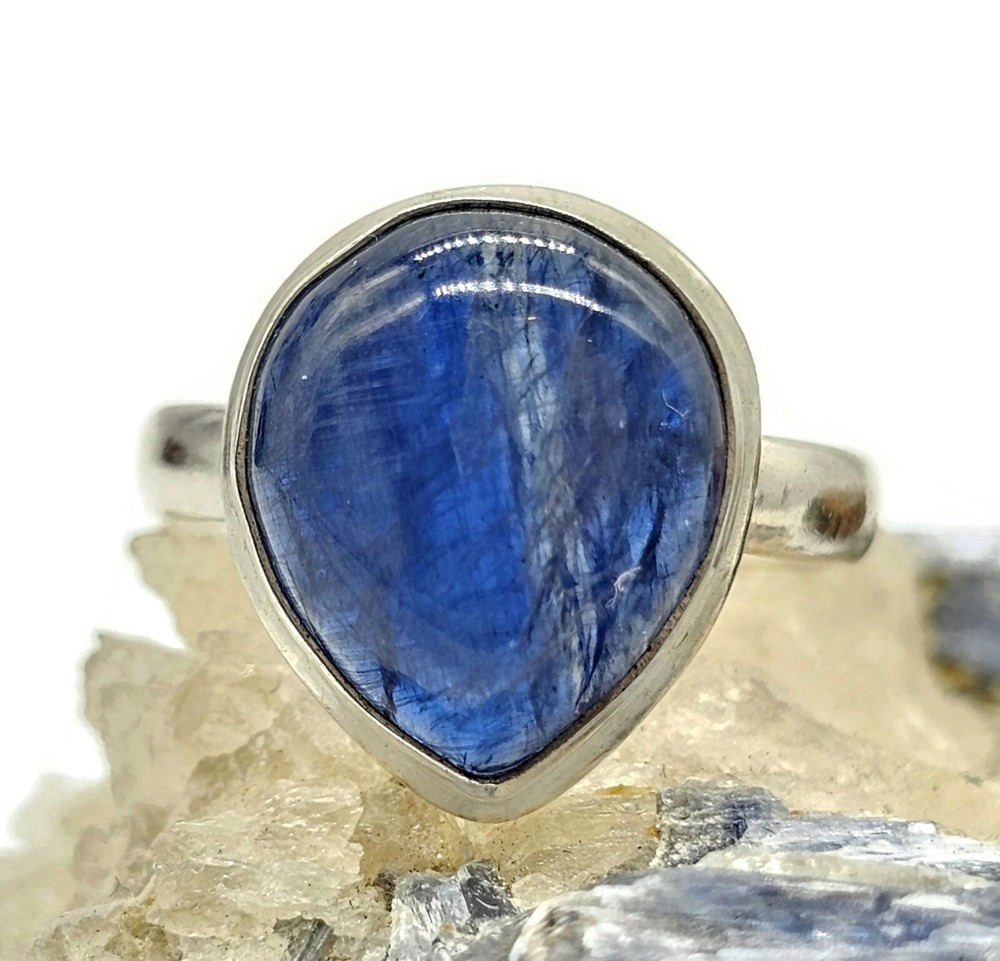 Pear Kyanite Ring, Size R, Sterling Silver, Gemstone for Negotiations