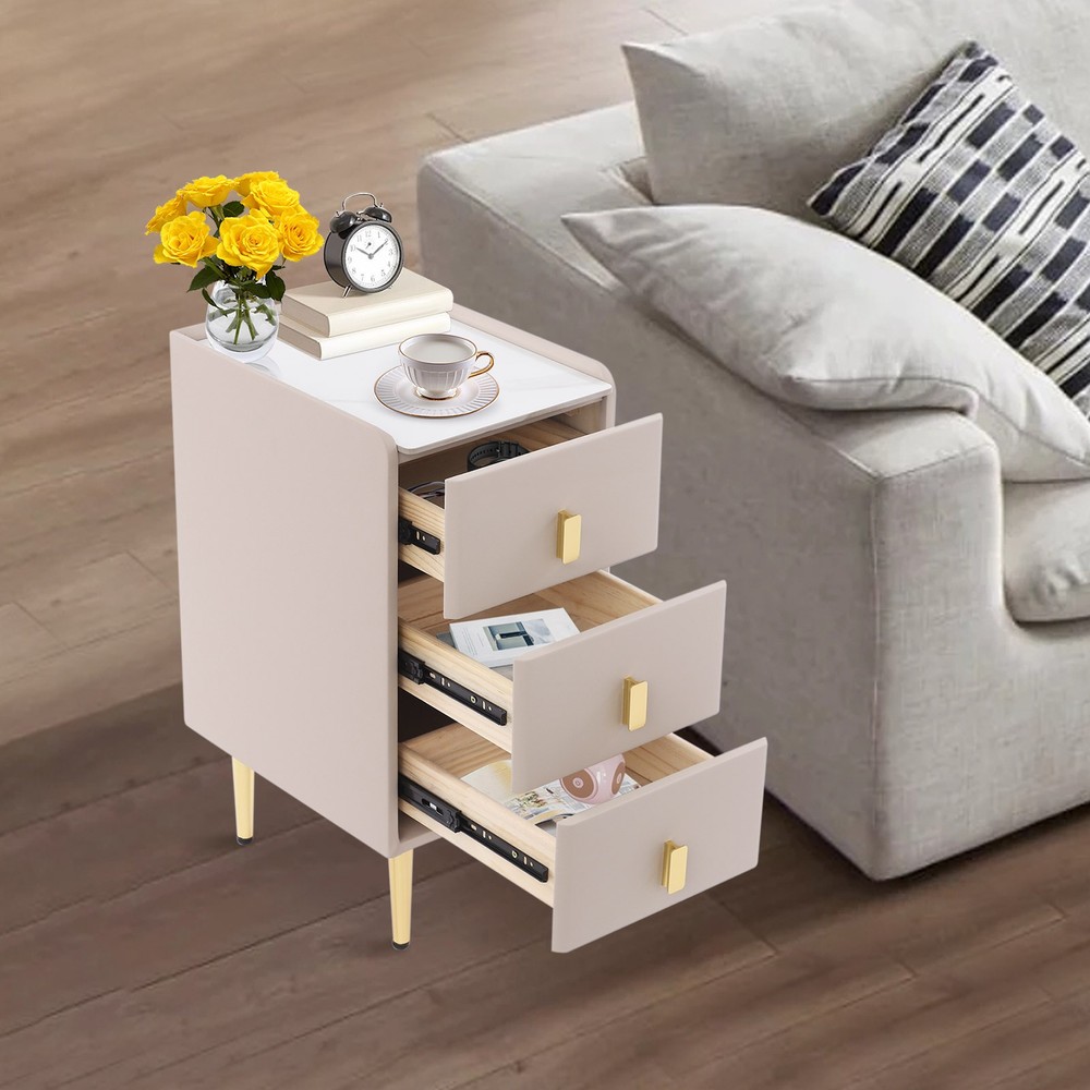 Modern Bedside Table - 3 Drawers, Solid Wood & Leather, Khaki & Gold Finish