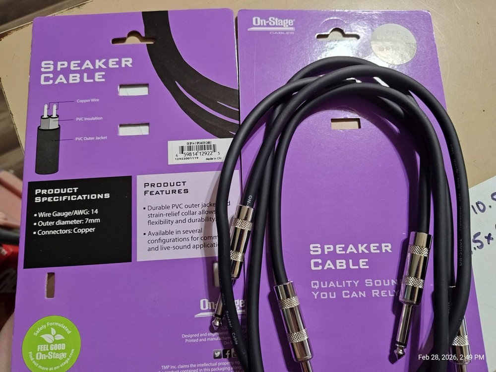 On-Stage Stands SP14-3 3' Speaker Cable 3 ft. 2 PACK