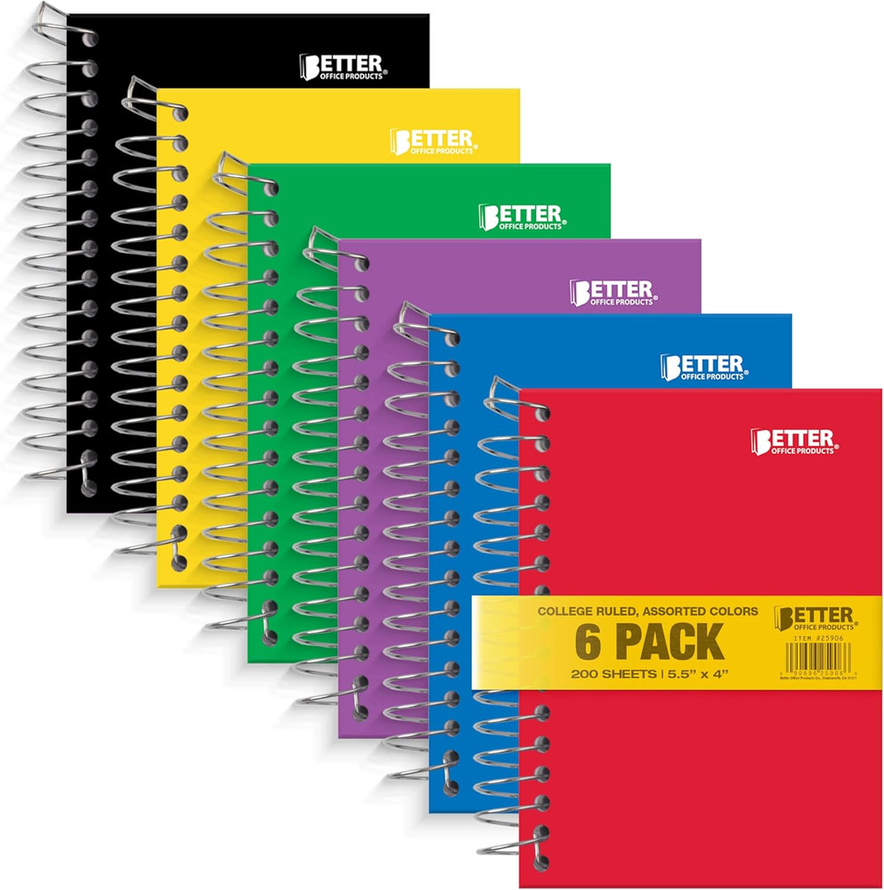 Fat Book Spiral Notebooks, 6 Pack, Small Notebooks with Poly Plastic Covers, 5.5