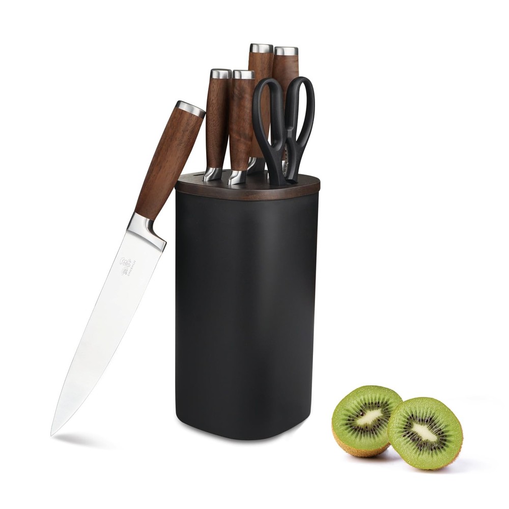 Block Set（Walnut handle）, 7-Piece Black Kitchen Set for Home, Anti-Rust Non-s...
