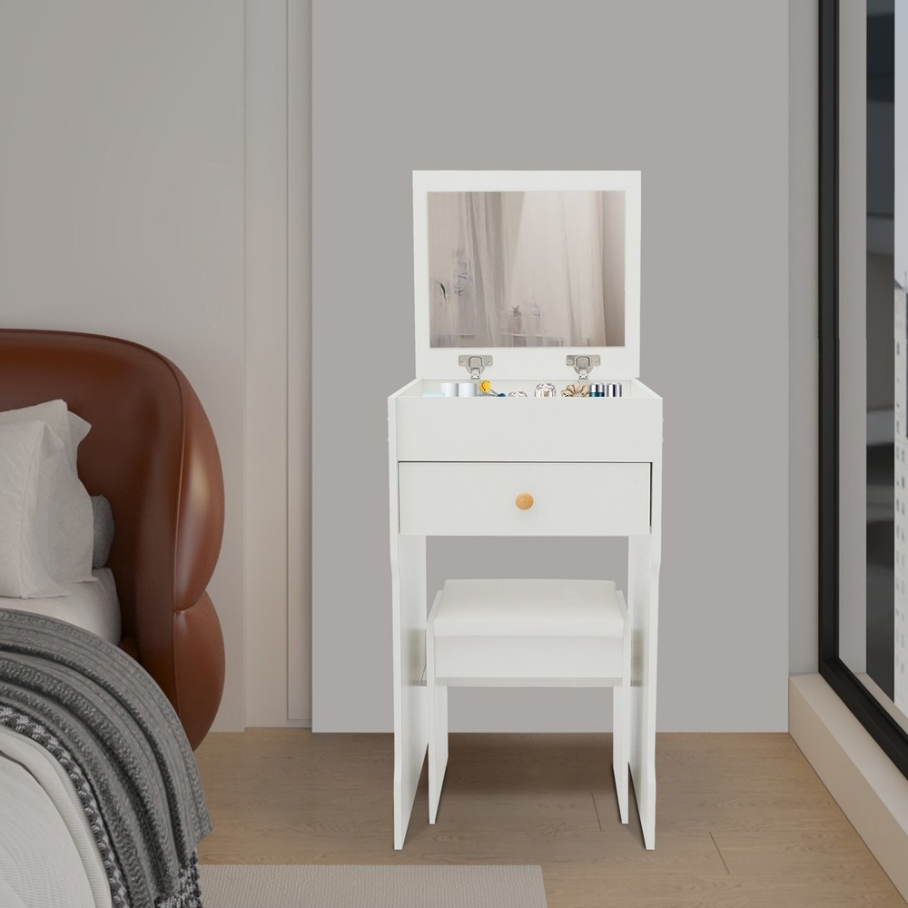 Vanity Table With Mirror, Compact Makeup Vanity W/ Storage Compartments & Stool