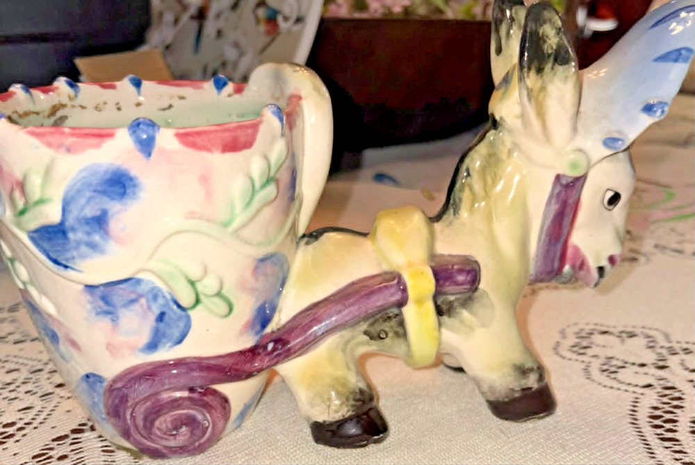 Vintage Donkey / Burro Pulling Cart Decorative PLANTER