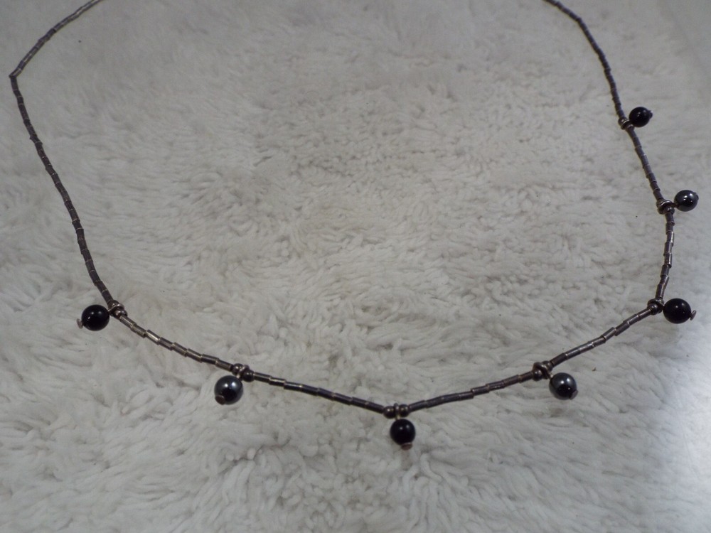 Sterling Silver 925 Black Obsidian Bead Necklace (C35)