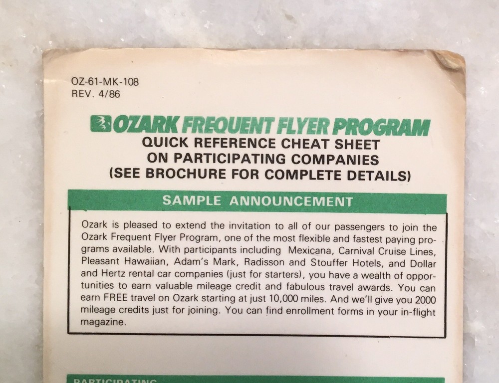 Vintage Ozark Airlines Frequent Flyer Program Quick Reference Laminated Card