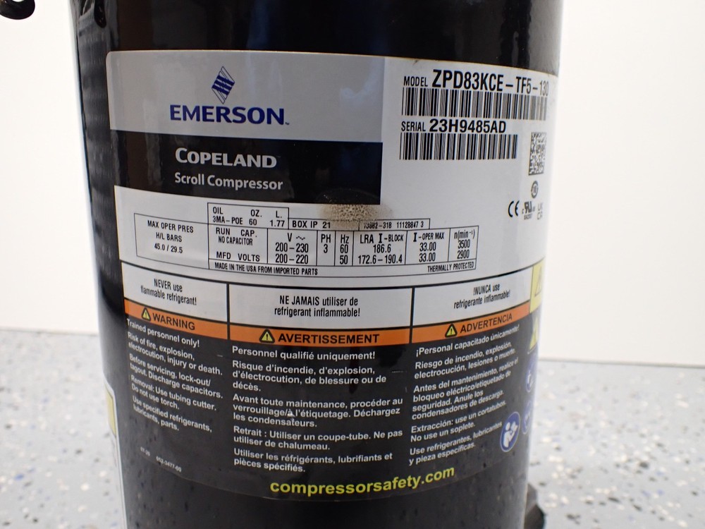Emerson Copeland Scroll Compressor ZPD83KCE-TF5-130 3-Phase Fixed Speed