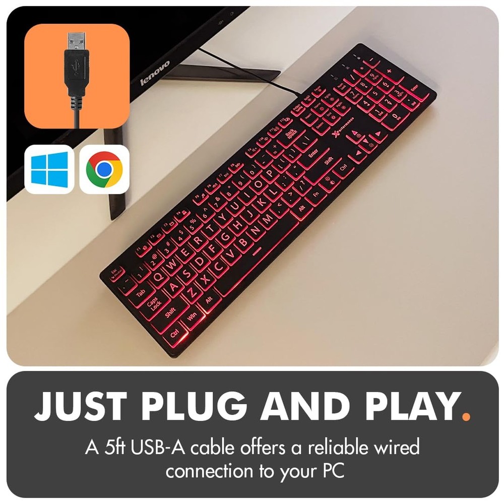 X9 Large Print Backlit Keyboard | Wired Light Up Computer Keyboard for PC Des...