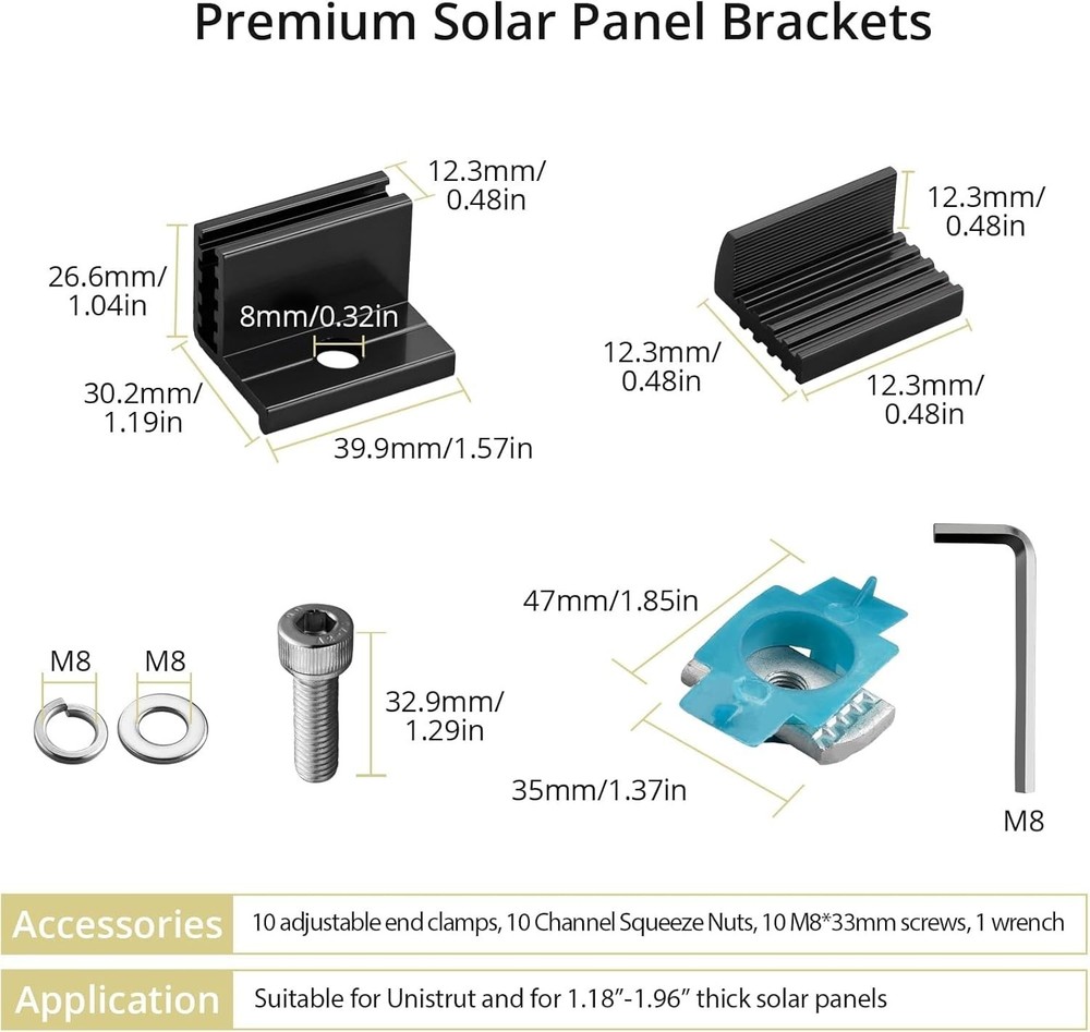 10pcs Adjustable Solar Panel End Clamp for Unistrut, 30-50mm Aluminum Solar P...