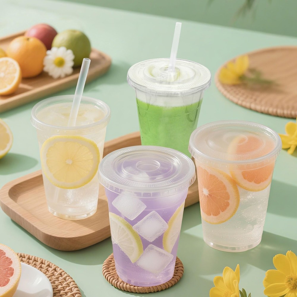 100 SETS 32oz Clear Plastic Cups With Lids And Straws Iced Coffee Cold Drinks