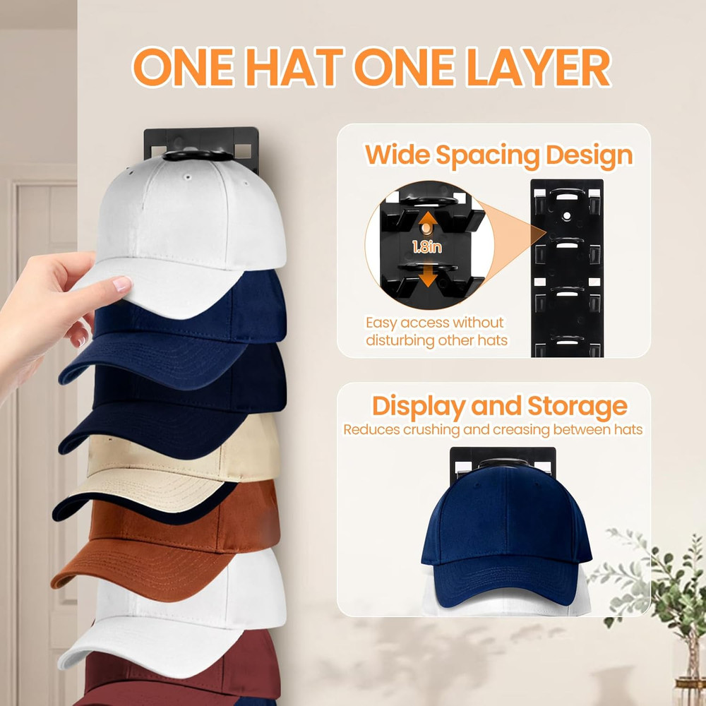 2 Pack Black Hat Organizer - Hat Rack for Wall & Cap Organizer, Strong Adhesive