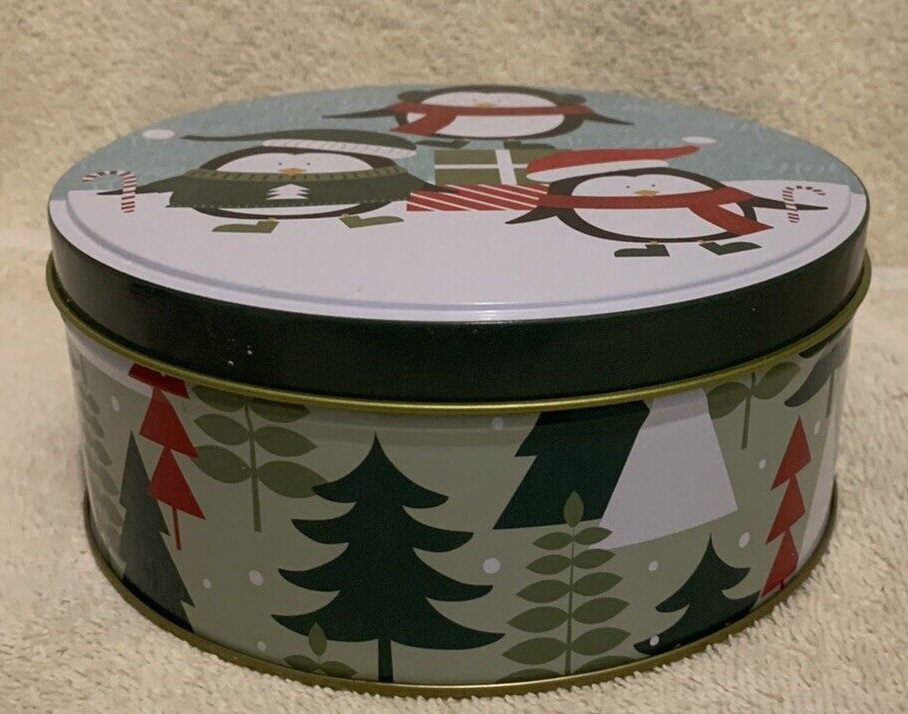 Christmas Penguins & Trees Round Tin Box 3x6 - EUC
