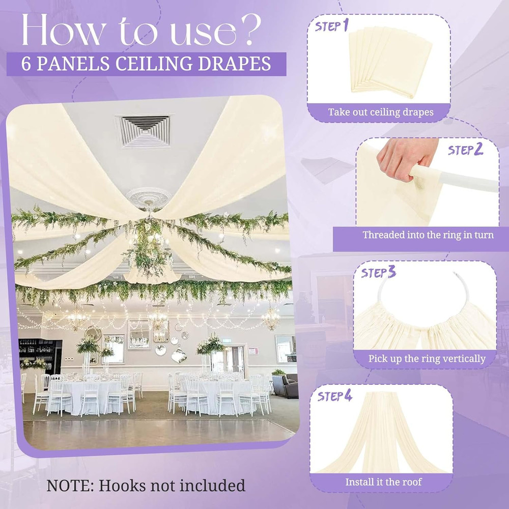 Ivory Ceiling Drapes 5Ft x 20Ft - Sheer Wedding Arch Fabric Decorations