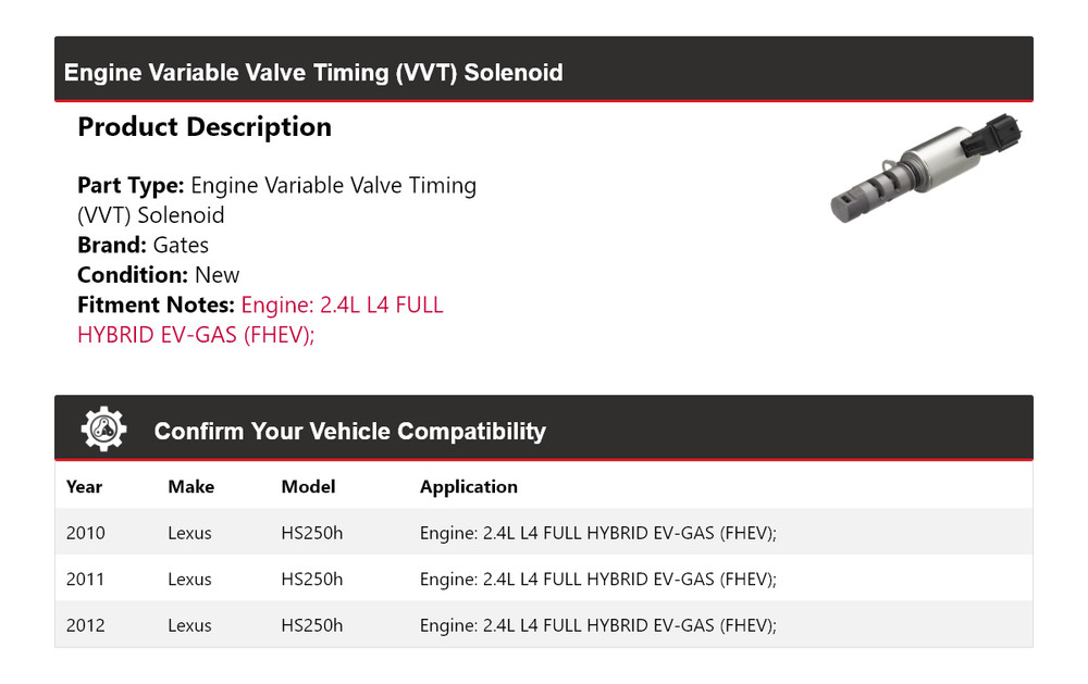 For 2010-2012 Lexus HS250h Engine Variable Valve Timing (VVT) Solenoid Gates