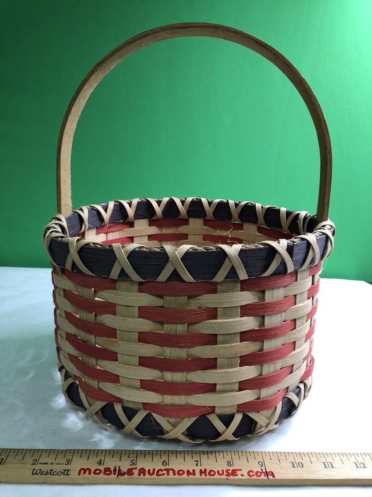 Set 3 Round Handled Woven Baskets Wood Nesting Large Medium Small Signed 2001
