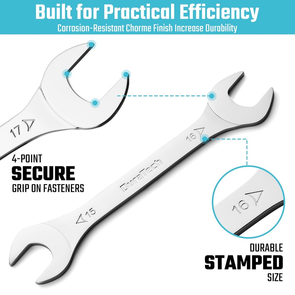 DURATECH Super-thin Open End Wrench Set, SAE(5/16" to Metric &SAE, Silver