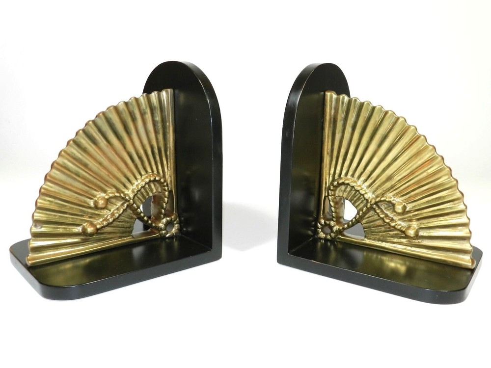 Black Lacquer Brass Fan Bookends Hollywood Regency Spain