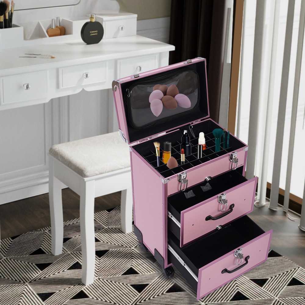 Rolling Makeup Train Case Cosmetic Trolley Aluminum Makeup Storage Organizer NEW