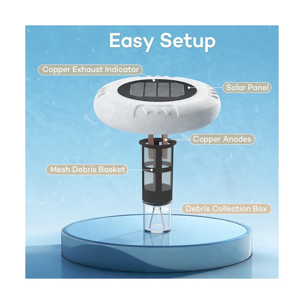 Solar Pool Ionizer- Self Cleaning Copper Anodes, Smart Control & Automatic Fl...