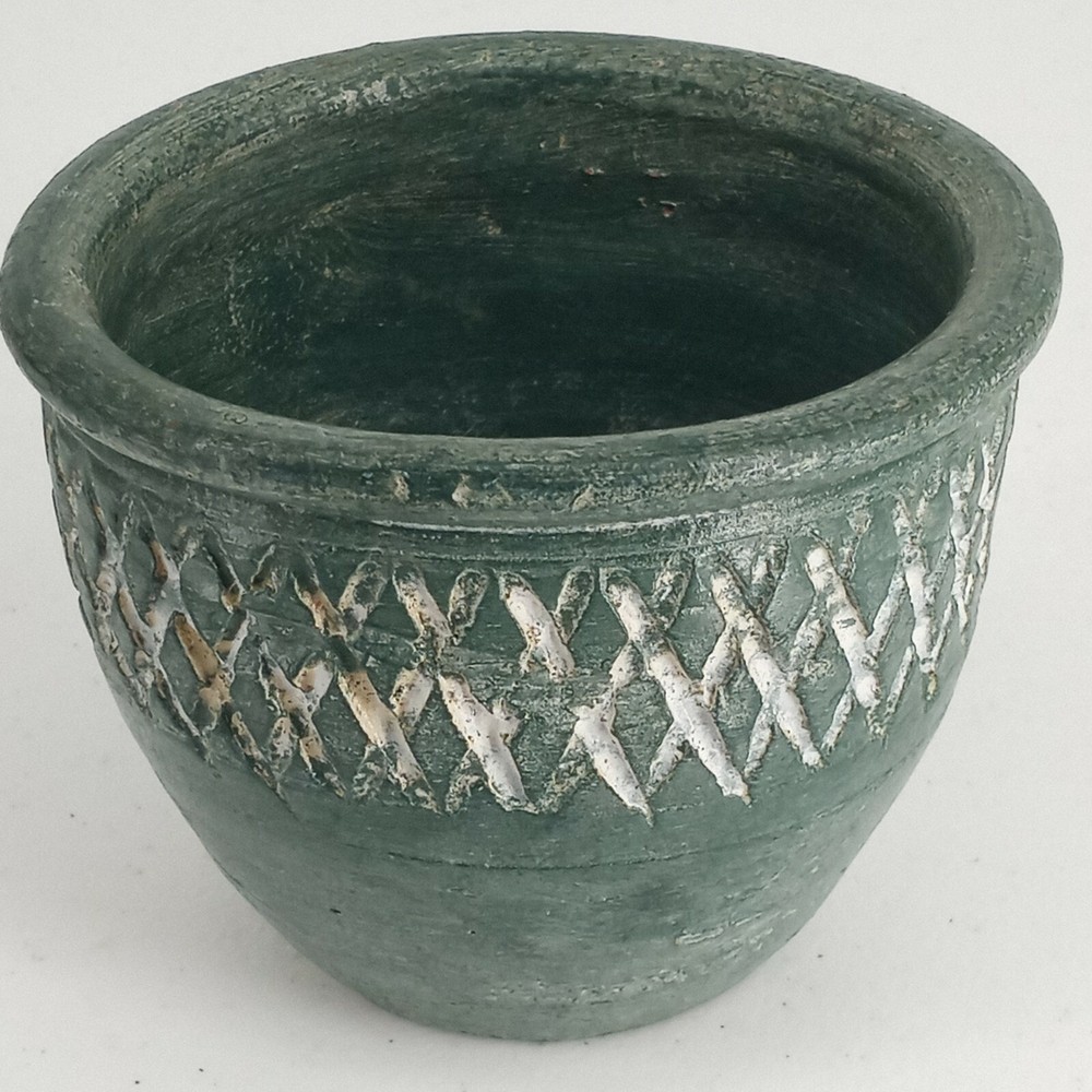 Pottery Planter Green 5" Matte Finish White Diamond Design