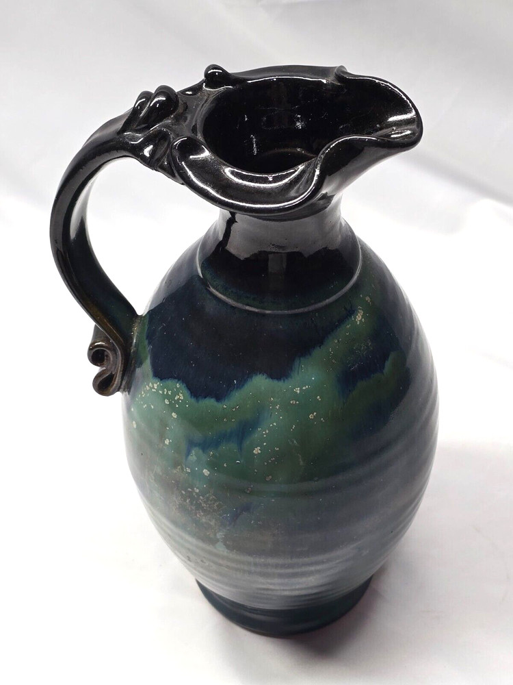 Teal Swirl Mottled Pottery Pitcher Jug 10" Unknown Maker