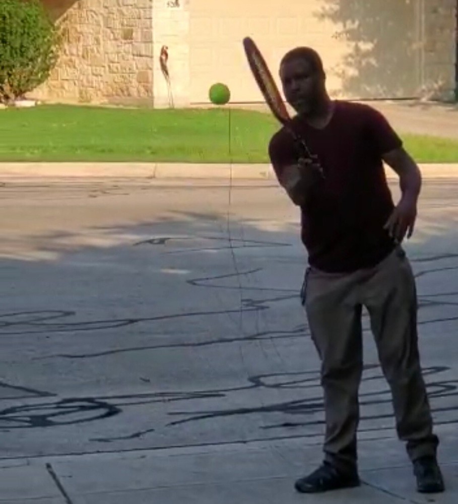 Solo/single tennis trainer, practice kit with base, string, and one ball