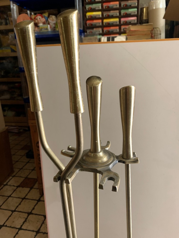 vintage cast iron brass fireplace set