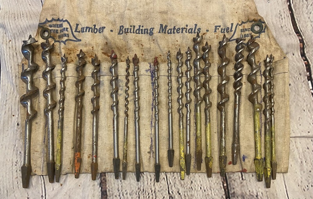 Vintage Lampert's Lumber Yard Drill Bits Apron Construction Canvas Lot 19 Bits