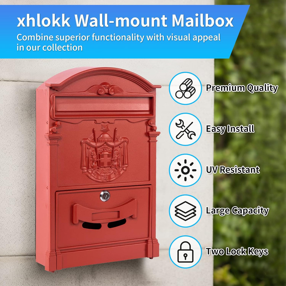 Rust-Resistant Locking Wall Mailbox - Vintage Red, Large Capacity Outdoor Decor