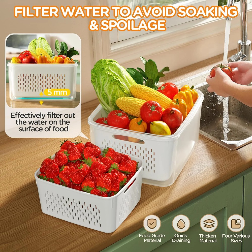 5 Pack Fruit Storage Containers for Fridge with Removable Colanders and Lids, 5