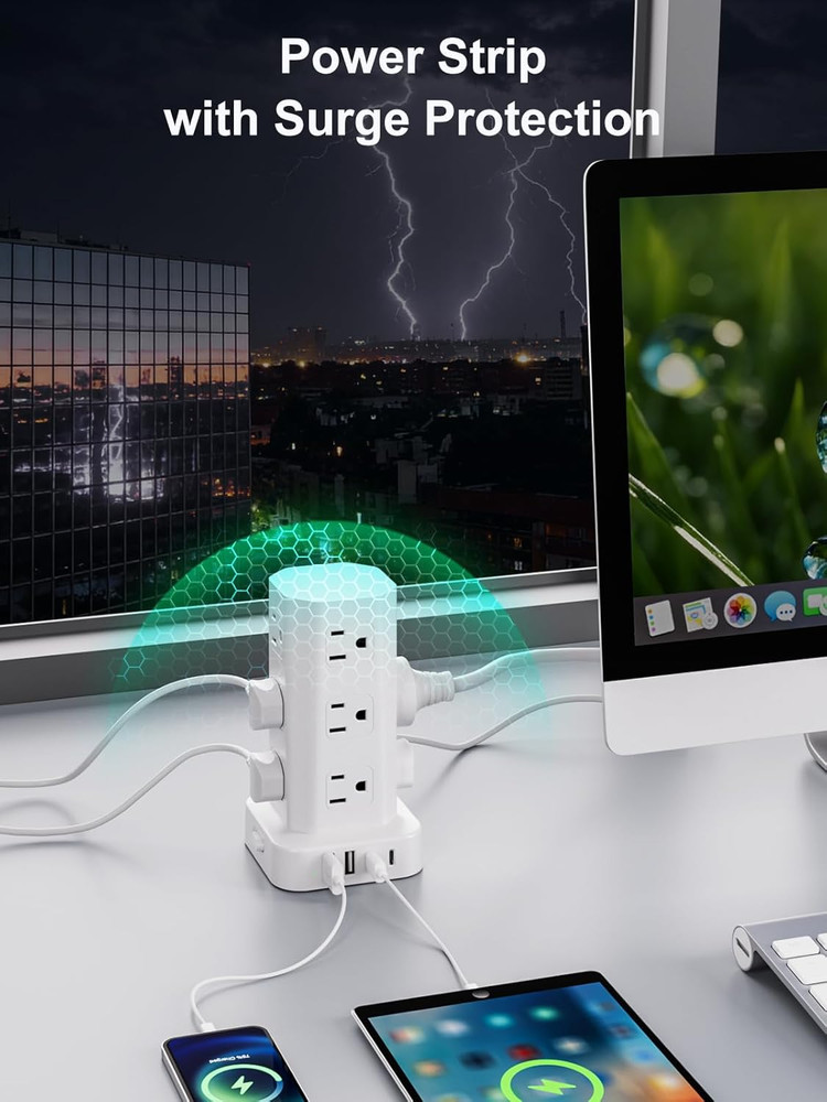 Power Strip Tower Surge Protector, 6FT Flat Plug Extension Cord with Multiple Ou