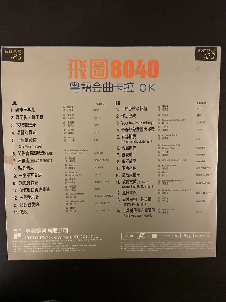 HONG KONG 卡拉OK 鐳射影碟－－粵語金曲精選28首 - －你怎麼捨得我難過/ 讓昨天再見/天才白痴 Laserdisc LD 