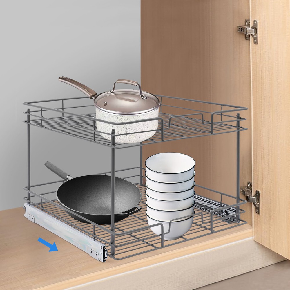 2-Tier Kitchen Cabinet Pull Out Shelf and Drawer Organizer Slide Out Gray/Silver