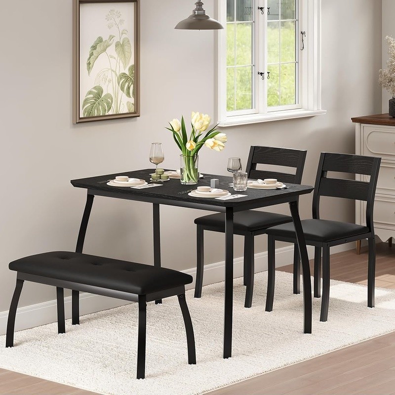 Compact 4-Piece Rustic Dining Set PU Leather Chairs Space-Saving Table Kitchen