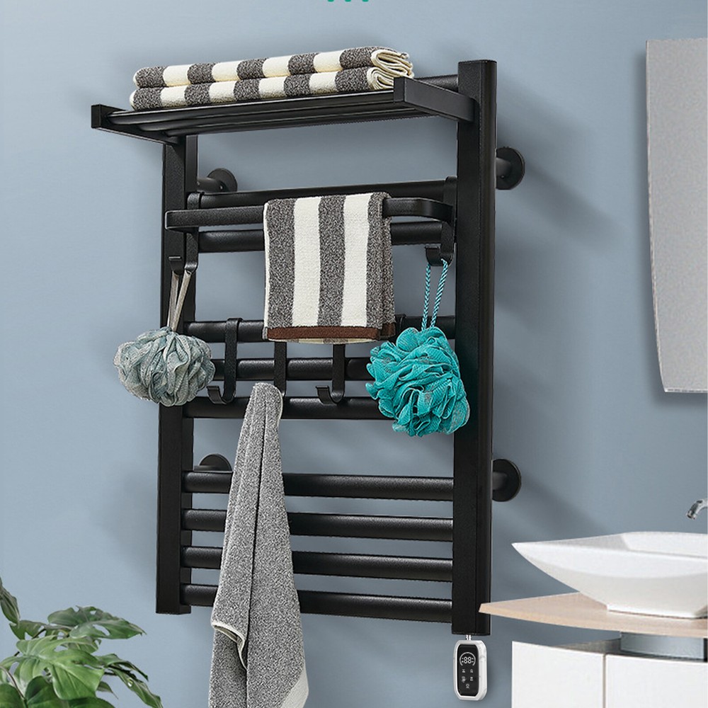 10 Layer Heated Towel Rack Towel Warmer with Timer Wall Mounted W/ Shelf