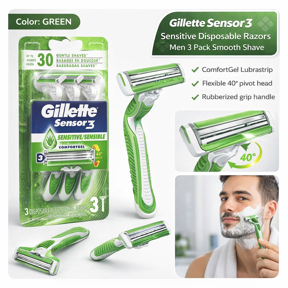 Gillette Sensor3 Sensitive Disposable Razors Men 3 Pack Smooth Shave