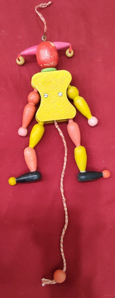 M. Gschnitzer Austrian Wooden Jester Clown Puppet Pull String Vintage Ornament