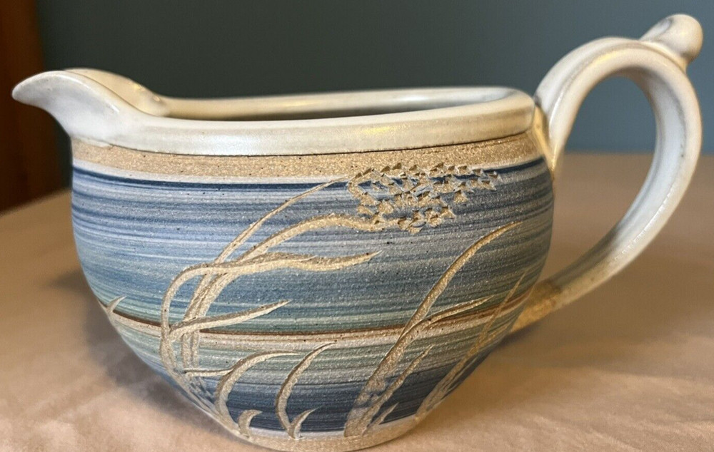 Pottery: Blue, Brown, and Cream Small Pitcher