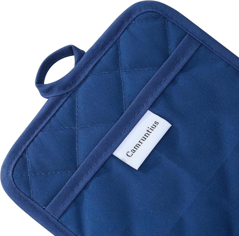 3-Pcs Kitchen Pot Holders 7"x9" Rectangular Pocket Cotton & Neoprene Navy Blue