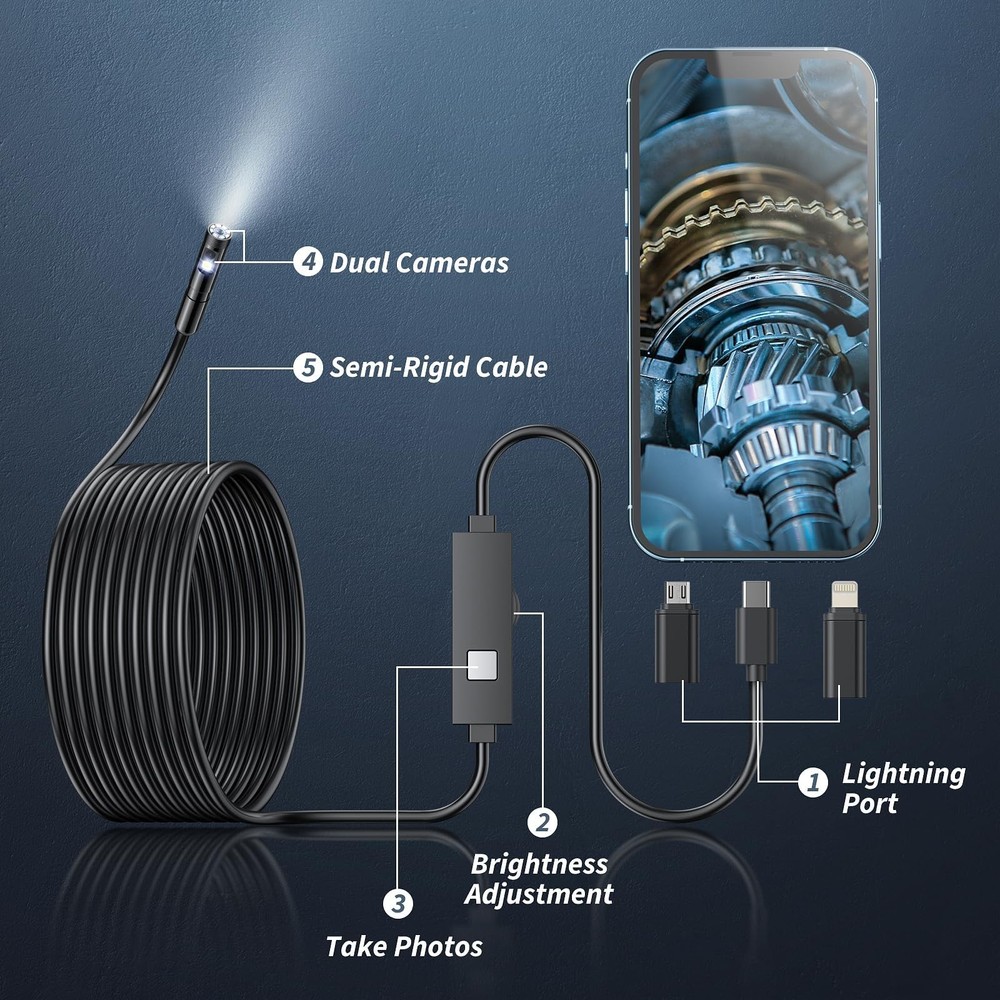 Endoscope Camera with Light,1920P HD Borescope Tools with 8 Adjustable LED Li...