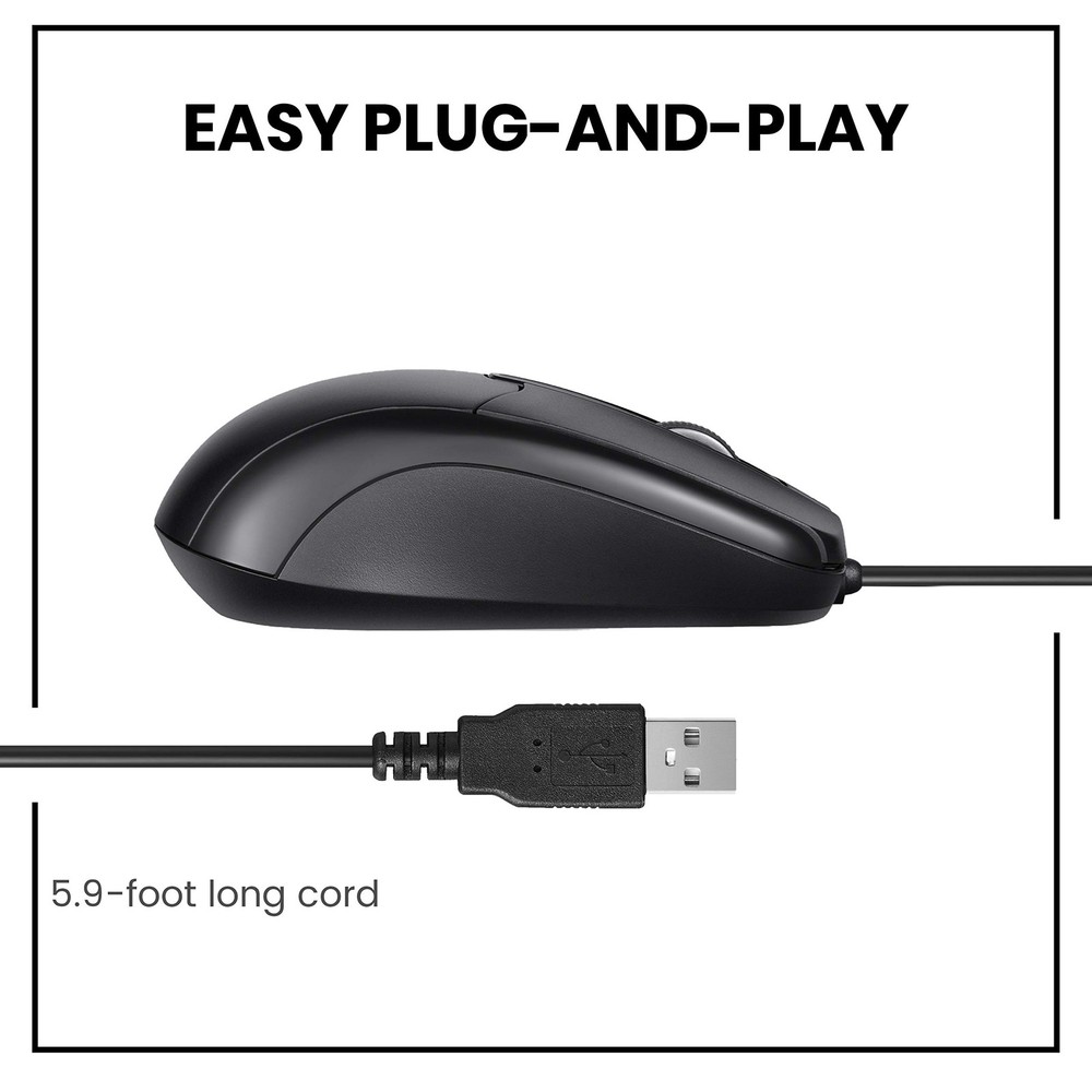 PERIMICE-209 3 Button USB Wired Mouse Optical 1000 DPI 5.9 Ft Cable Black