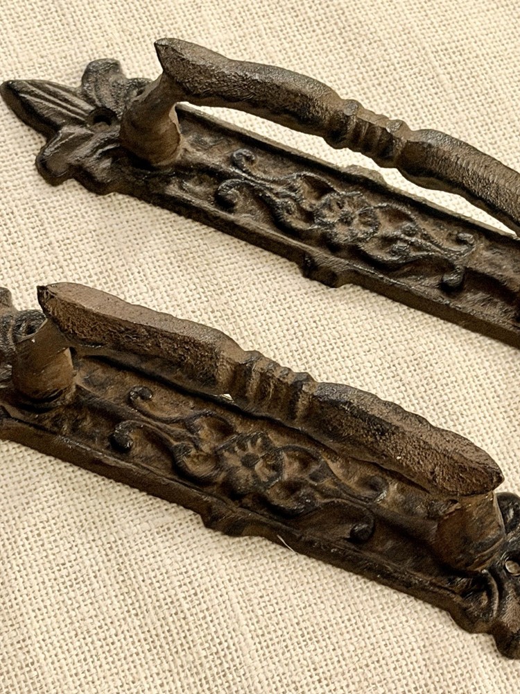 2 Large Victorian Door Handle Pull Cast Iron Fleur De Lis Design Rustic Gothic