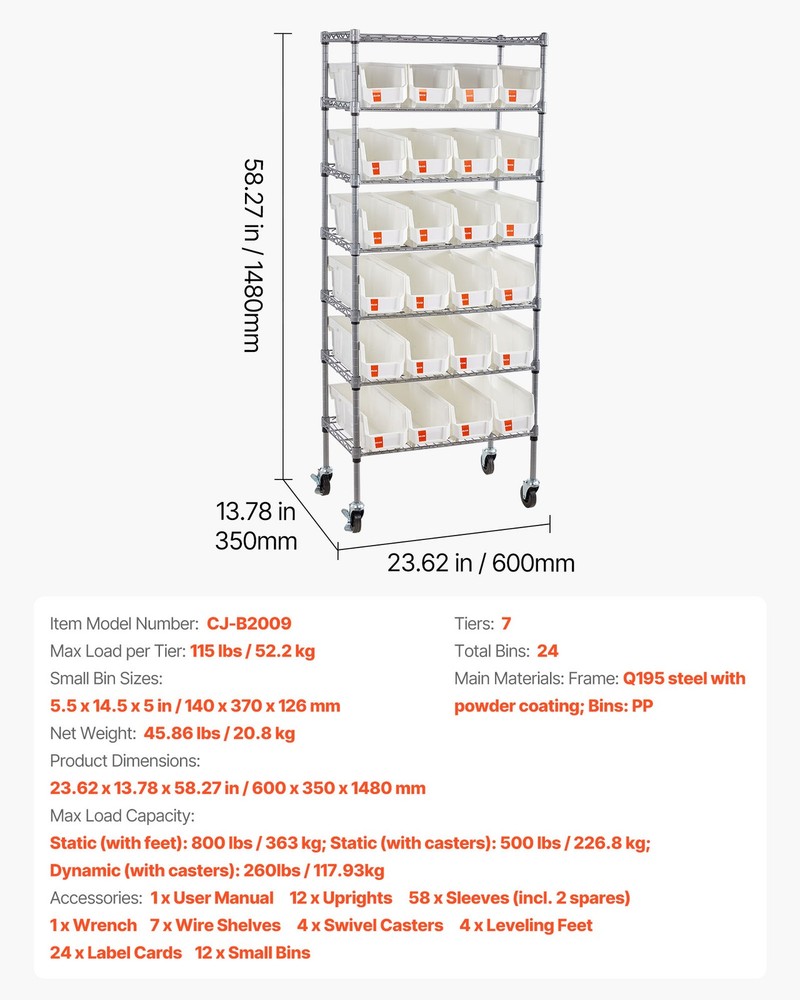 VEVOR Rolling Bin Storage Rack 7-Tier Bin Rack Storage System with 24 Small Bins