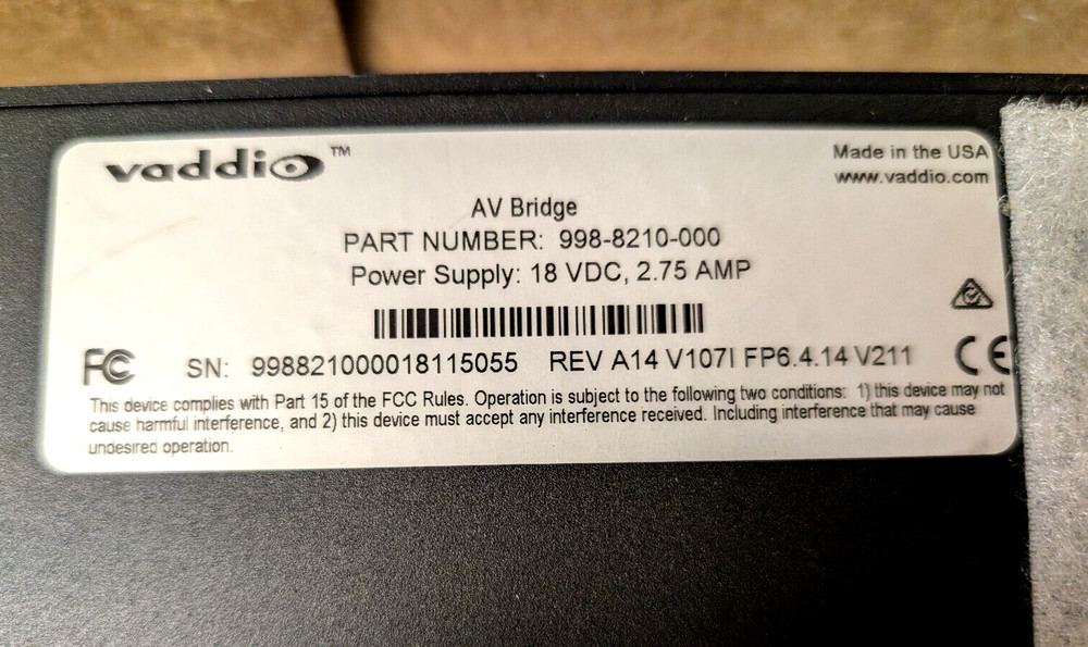 Vaddio 998-8210-000 ~ AV Bridge, USB/IP Streaming, HD Audio / Video Encoder