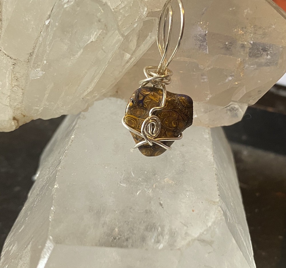 Rough Natural Boulder Opal Sterling Silver Wrap Pendant With Gorgeous Flash