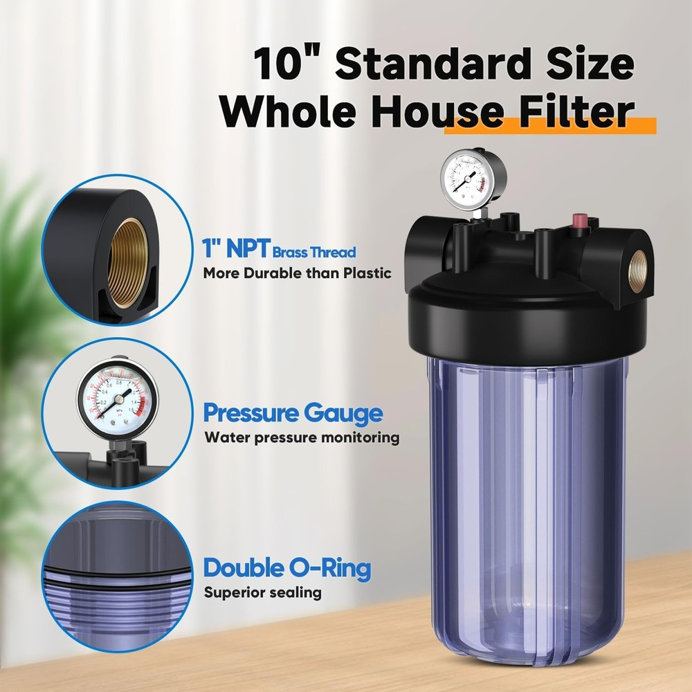 PUREPLUS Whole House Water Filter Housing, 10"x4.5" Universal Housing, 1" NPT