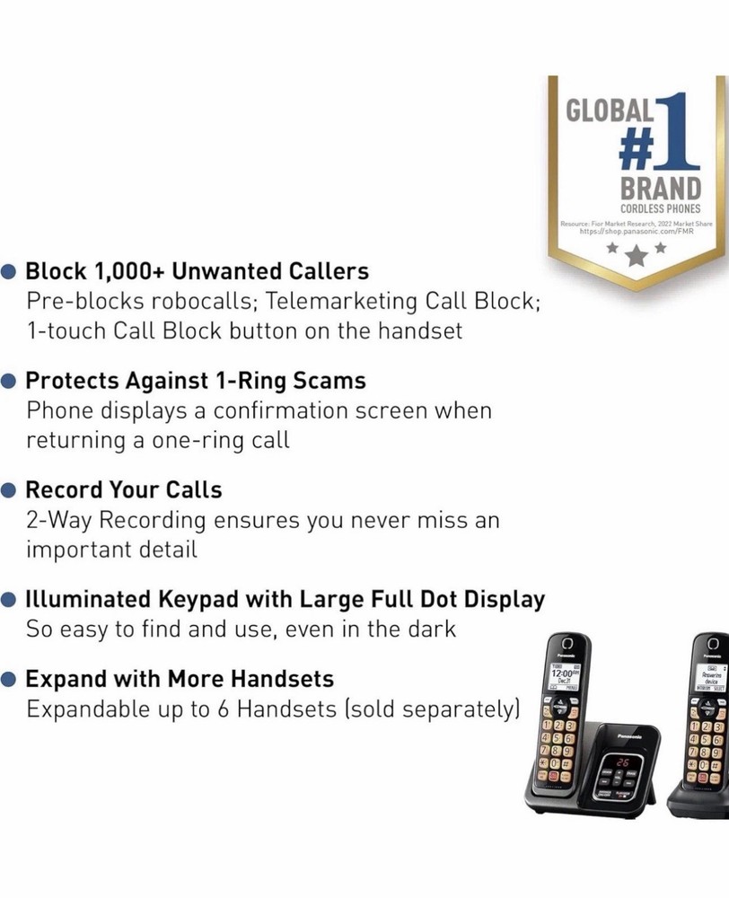 Panasonic Cordless Phone with Answering Machine, Advanced Call Block, Bilingual