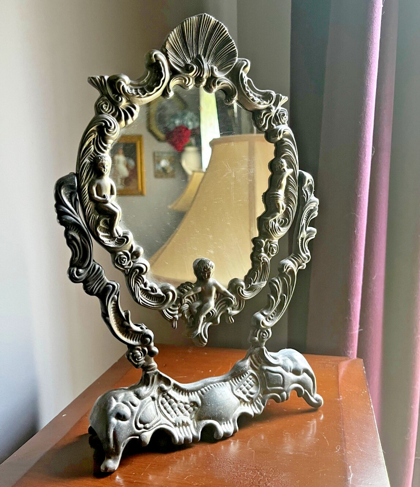 Vintage Mirror Silver Plated Swing Adjustable Vanity  Cherubs & Clam Shell