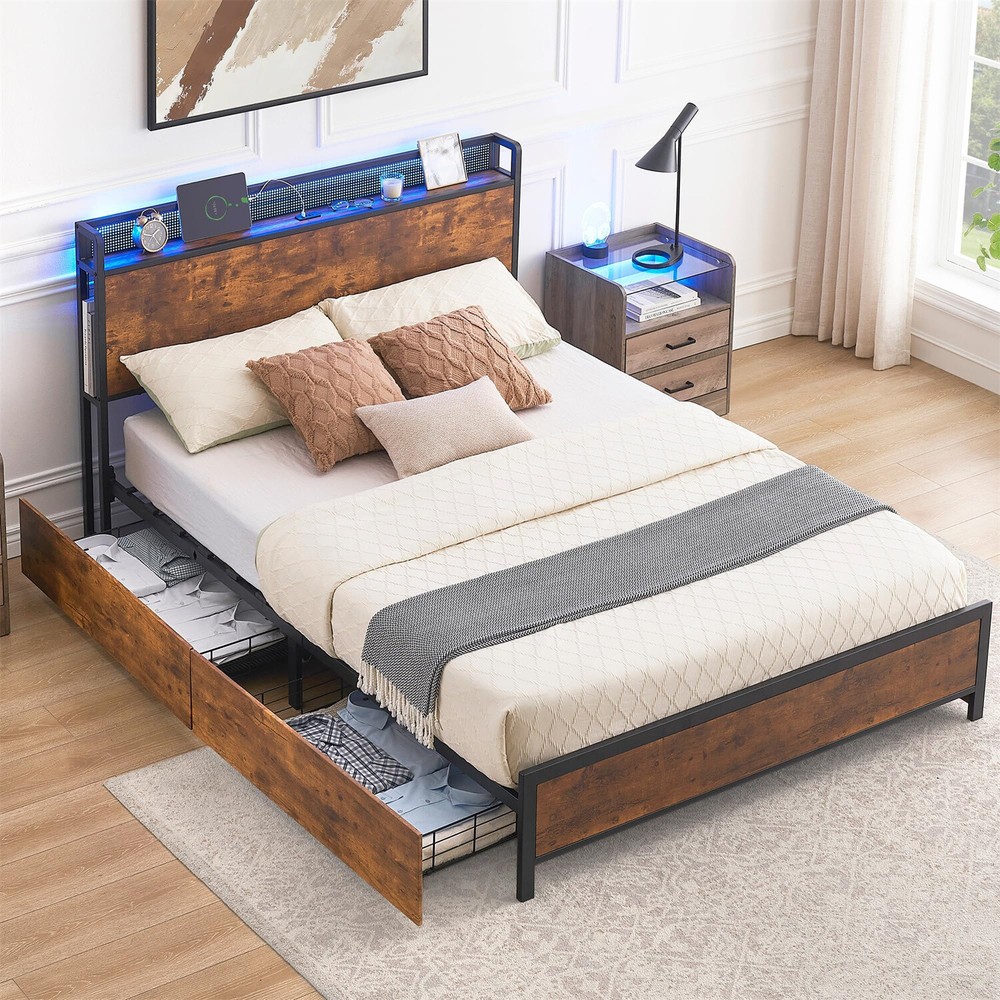 🔥Queen Bed Frame with 4 Storage Drawers Metal Platform Bed Frame with Charging