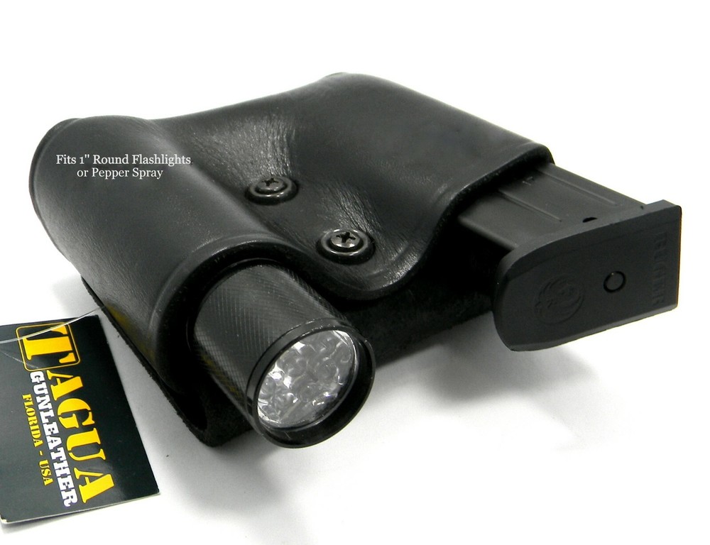 TAGUA Black Leather Magazine & Flashlight Carrier for 9mm DOUBLE STACK (Most)