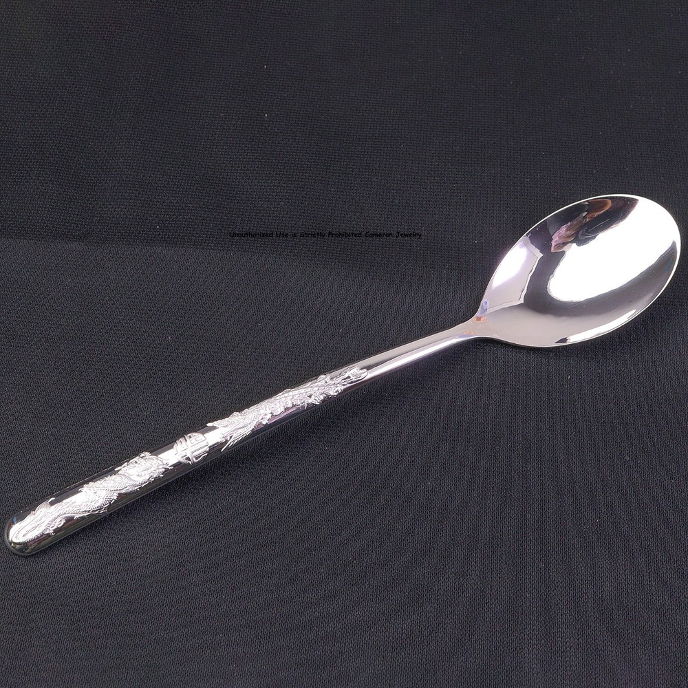 Solid S999 Fine Silver Healthy Tableware Dragon Phoenix Soup Spoon 5.7inch L